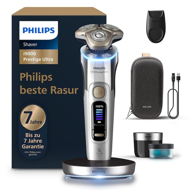 Checkit Store  Aparat electric de barbierit PHILIPS i9000 Prestige Ultra XP9404/31, tehnologie SkinIQ Pro, autonomie 60 min, senzor presiune&cadran LED pt ghidaj, afisaj color, 5 moduri functionare, statie igienizare, suport incarcare, styler barba, husa premium, gri 