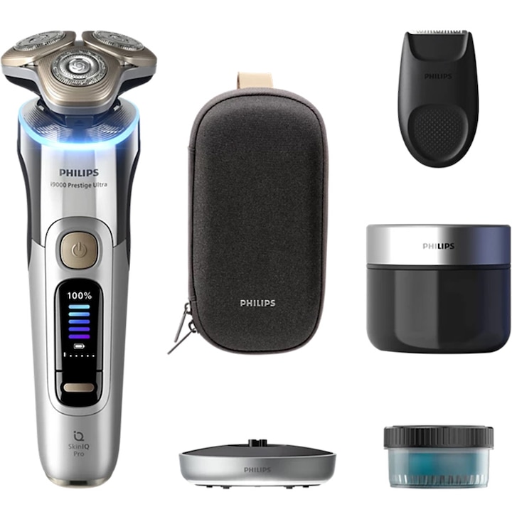 Checkit Store  Aparat electric de barbierit PHILIPS i9000 Prestige Ultra XP9404/31, tehnologie SkinIQ Pro, autonomie 60 min, senzor presiune&cadran LED pt ghidaj, afisaj color, 5 moduri functionare, statie igienizare, suport incarcare, styler barba, husa premium, gri 