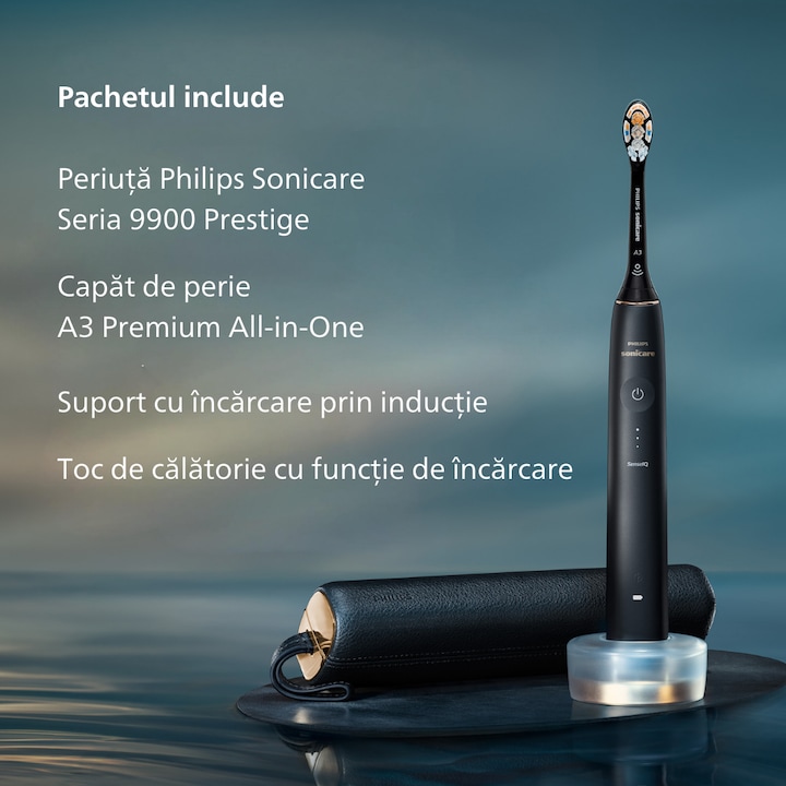 Checkit Store  Periuta electrica sonica Philips Prestige 9900 HX9992/12, 62000 miscari/minut, tehnologie SenseIQ, aplicatie Sonicare cu inteligenta artificiala, wireless Bluetooth, senzori integrati, 5 moduri personalizabile, 1 cap de periere, Albastru 