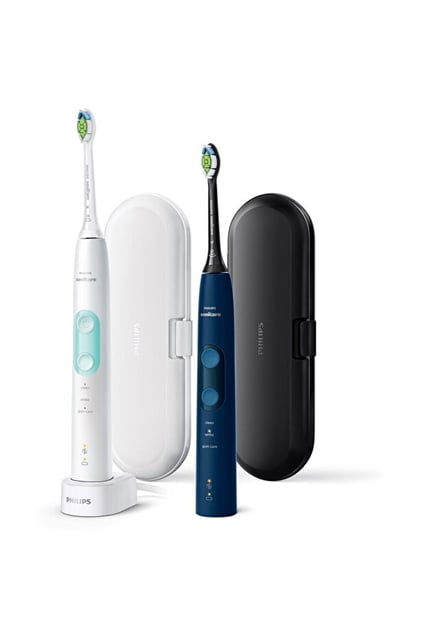 Checkit Store Philips Set 2 periute de dinti sonice electrice 62000 miscari/minut, 3 moduri de curatare, senzor presiune, functie BrushSync, 2 tocuri de transport, 2 capete de periere, Alb/Albastru