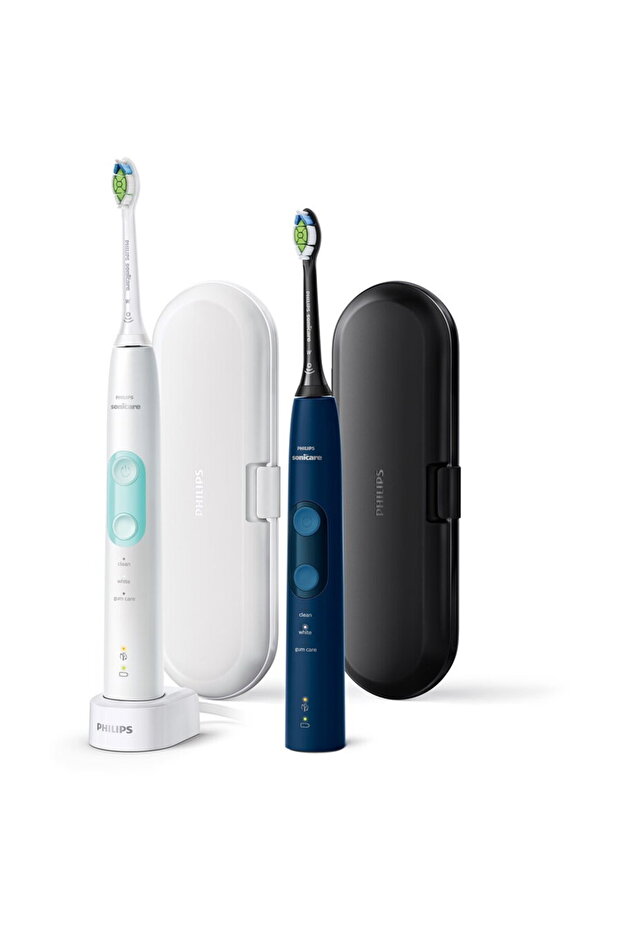 Checkit Store Philips Set 2 periute de dinti sonice electrice 62000 miscari/minut, 3 moduri de curatare, senzor presiune, functie BrushSync, 2 tocuri de transport, 2 capete de periere, Alb/Albastru