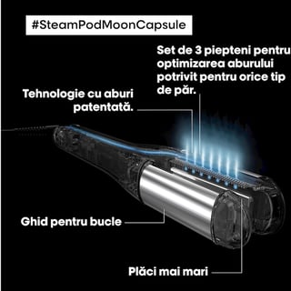 Checkit Store  Placa profesionala pentru coafarea si ingrijirea parului L’Oréal Professionnel Steampod 4.00 Moon Capsule, 3 setari de caldura, oprire automata, rezervor de apa incorporat, albastru 