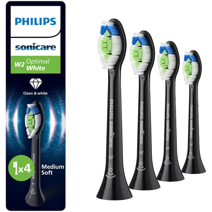 Checkit Store Philips  Rezerve Philips Sonicare Optimal White HX6064/88, pachet de 4 capete de periere, Standard, click-on, sincronizarea modurilor BrushSync, Negru 